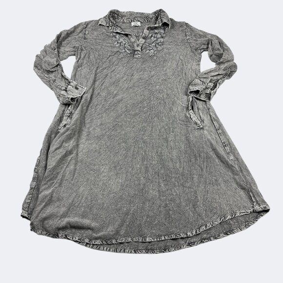 CC Chic Connection Gray Embroidered Crinkle Shirt Dress LP Petite Boho Casual - Picture 1 of 12